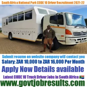 South African National Park CODE 10 Driver Recruitment 2021-22