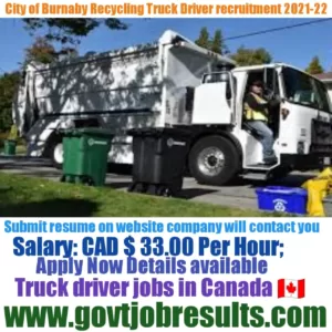 City of Burnaby Recycling Truck Driver Recruitment 2021-22