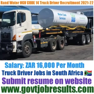 Rand Water HGV CODE 14 Truck Driver Recruitment 2021-22