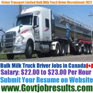 Fisher Transport Limited Bulk Milk Truck Driver Recruitment 2021-22