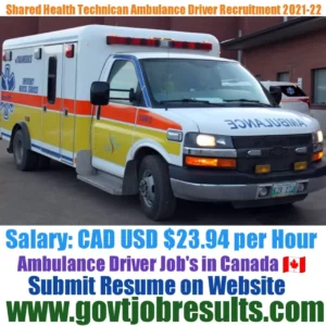 Shared Health Technician PMH Ambulance Driver Recruitment 2021-22