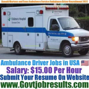 Donald Martens and Sons Ambulance Services Ambulance Driver Recruitment 2022-23