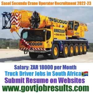 Sasol Secunda Crane Operator Recruitment 2022-23