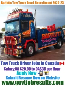 Barletts Towing Inc Tow Truck Driver Recruitment 2022-23
