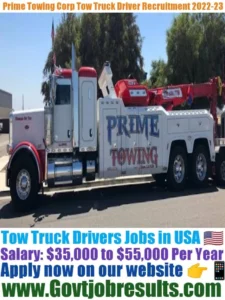 Prime Towing Corp Tow Truck Driver Recruitment 2022-23