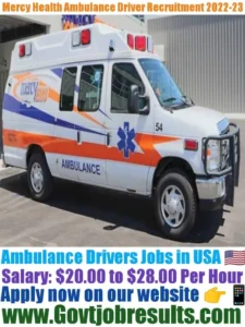 Mercy Health Ambulance Driver Recruitment 2022-23
