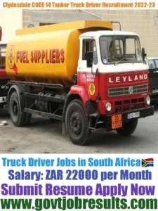 Clydesdale CODE 14 Tanker Truck Driver Recruitment 2022-23