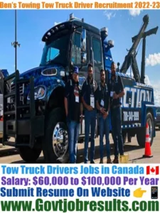 Bens Towing Tow Truck Driver Recruitment 2022-23