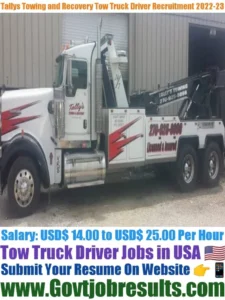 Tallys Towing and Recovery Tow Truck Driver Recruitment 2022-23