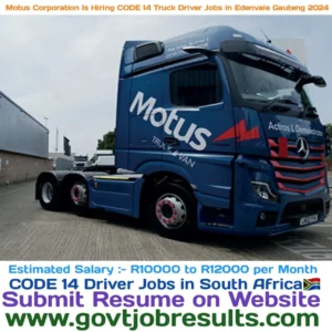 Motus Corporation CODE 14 Truck Driver Jobs in Edenvale Gauteng 2024